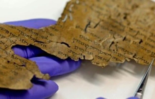 Handschoenen houden een beschreven fragment van een oude rol vast