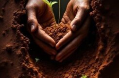 Handen beschermen een jonge groene kiemplant in vruchtbare aarde
