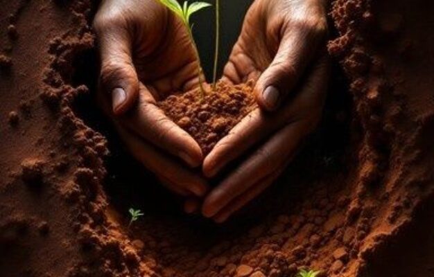 Handen beschermen een jonge groene kiemplant in vruchtbare aarde